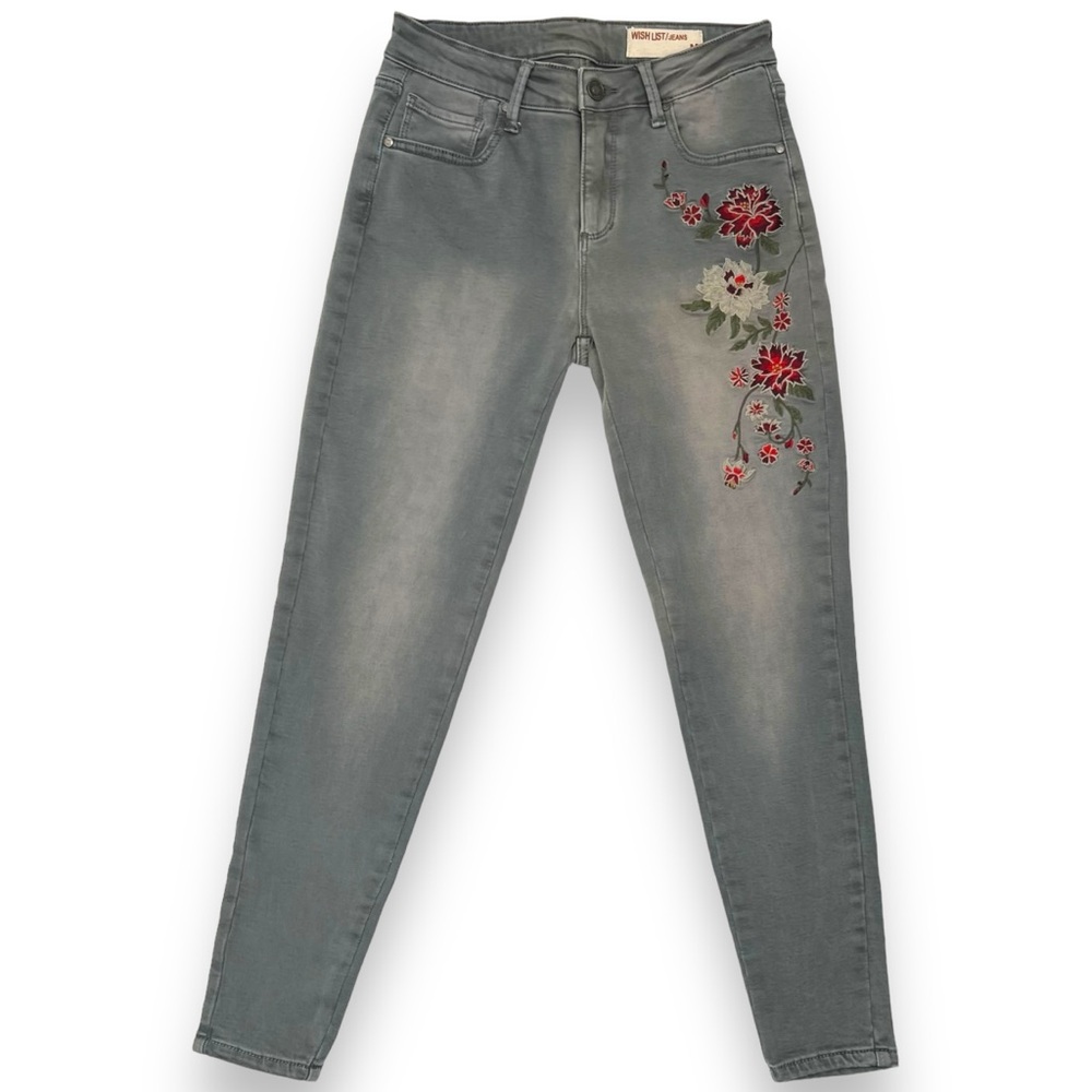 Wish List Floral Embroidered Gray Ankle Skinny Jeans Size Medium 28X27